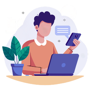 Graphic of a man working on a laptop while holding a smartphone which just received a message