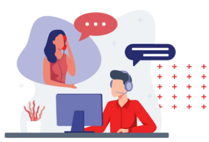 Cartoon operator talking to a women on the phone answering her questions.